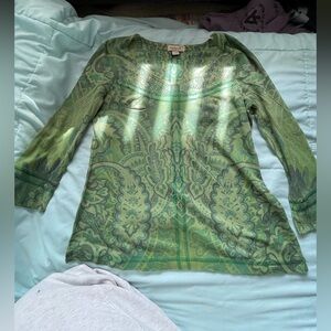 ONE WORLD Green Paisley Long Sleeve Top